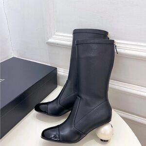 CHANEL Black Heeled Boots with Pearl Detail